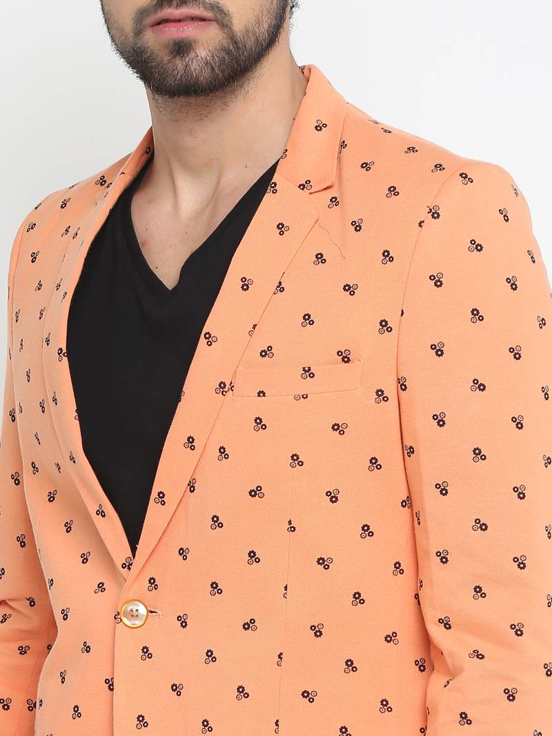 Orange Printed Single Breasted Casual Men Blazer
