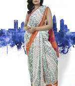 White Pure Cotton Saree With Scripted Hand Block Print And Border