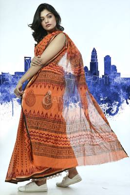 Sandstone Pure Cotton Saree With Scripted Hand Block Print And Border 2
