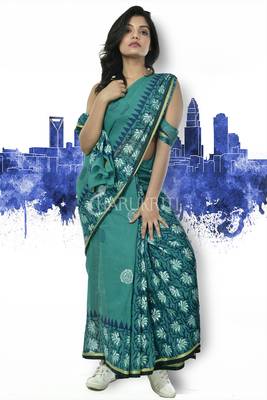 Pine Green Pure Cotton Saree With Floral Block Print And Border 1