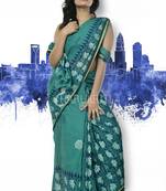 Pine Green Pure Cotton Saree With Floral Block Print And Border