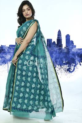Pine Green Pure Cotton Saree With Floral Block Print And Border 2