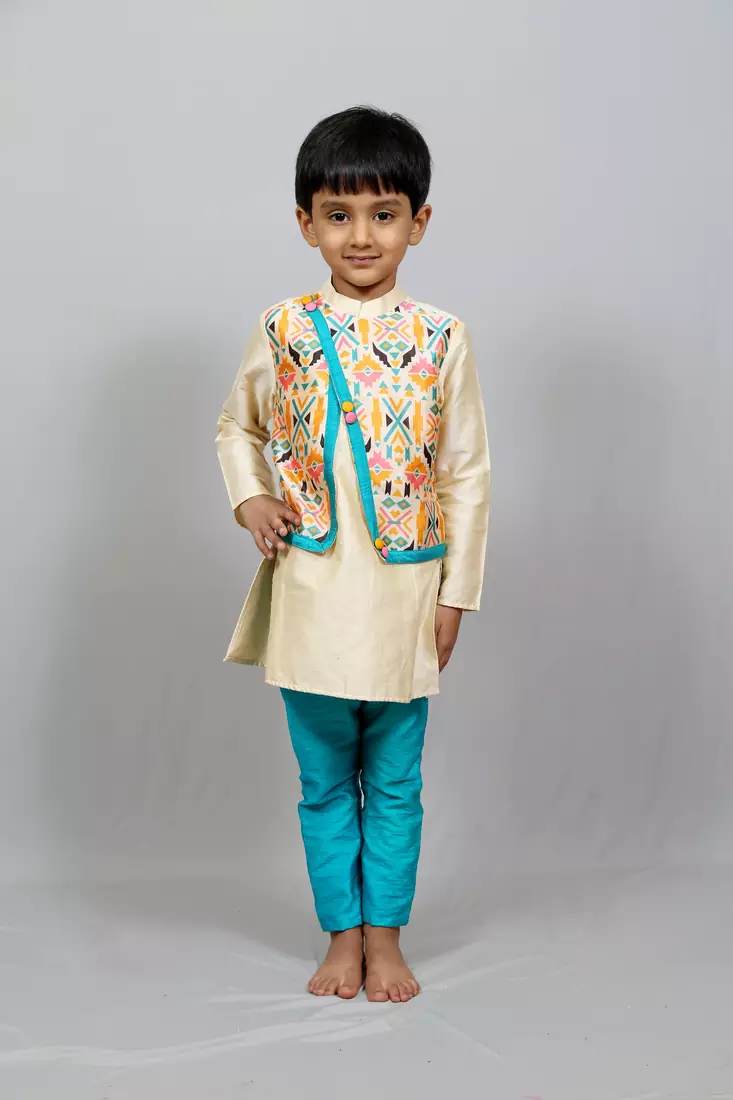 kurta pajama with crossed printed jacket