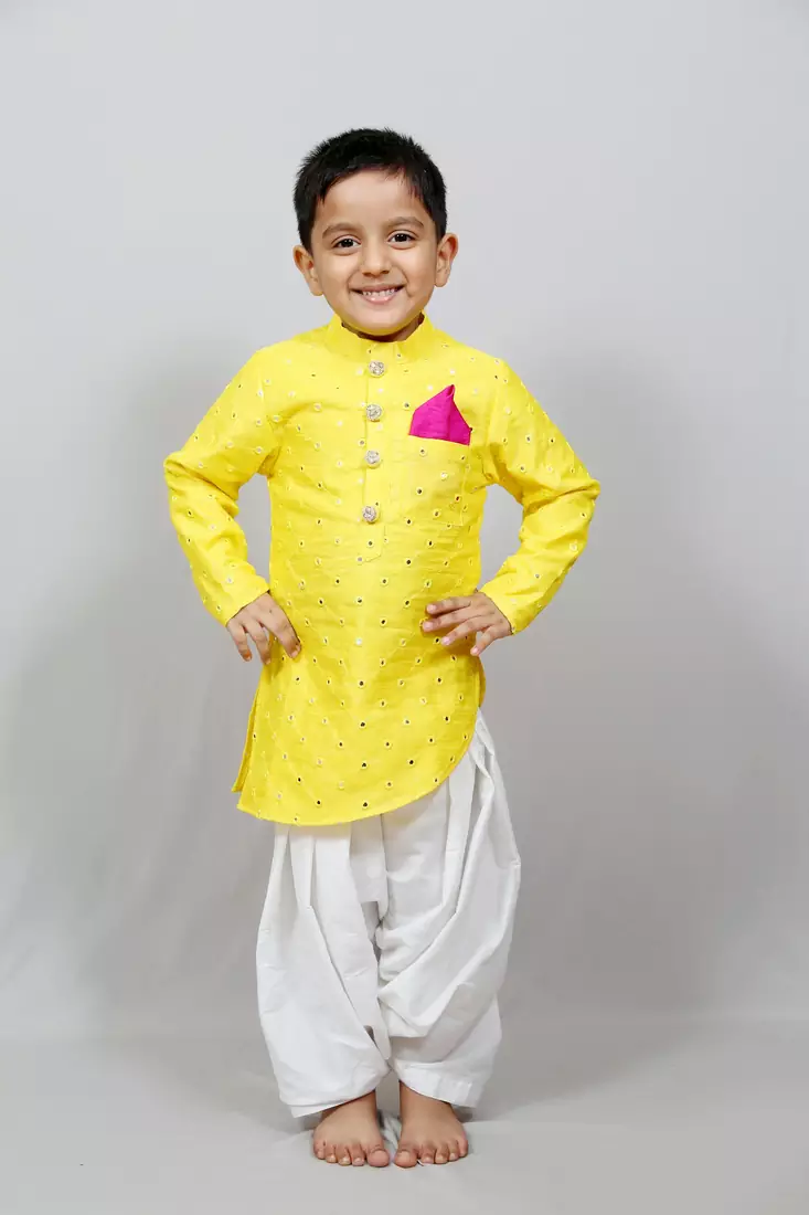 full sleeves yellow kurta with dhoti for boys