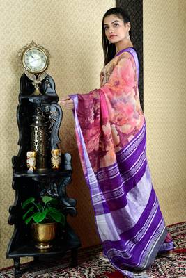 Pink And Purple Printed Cotton Blended Linen With Violet Border 2