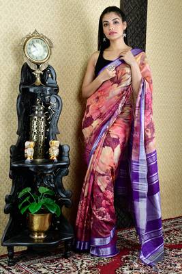 Pink And Purple Printed Cotton Blended Linen With Violet Border 1