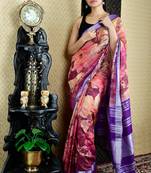 Pink And Purple Printed Cotton Blended Linen With Violet Border