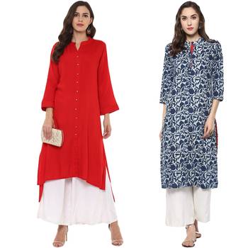 combo of cotton and rayon red and blue kurti 1