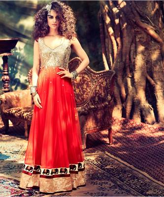 orange embroidered Georgette semi stitched salwar with dupatta 1