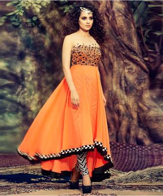 orange embroidered Georgette semi stitched salwar with dupatta 1
