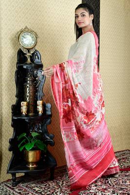 Off White And Pink Floral Printed Cotton Blended Linen With Zari Border 3