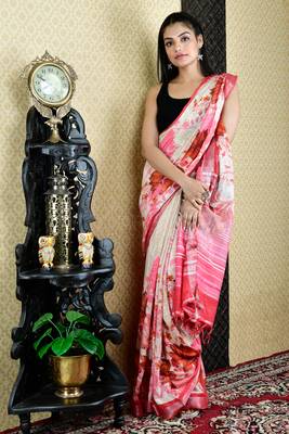 Off White And Pink Floral Printed Cotton Blended Linen With Zari Border 1