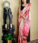 Off White And Pink Floral Printed Cotton Blended Linen With Zari Border