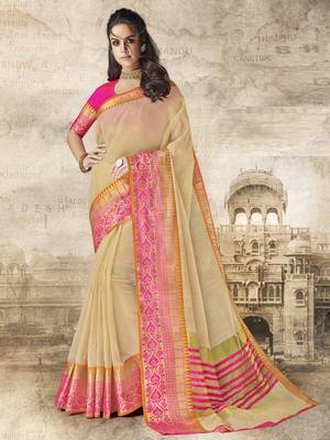 Beige woven cotton silk saree with blouse 1