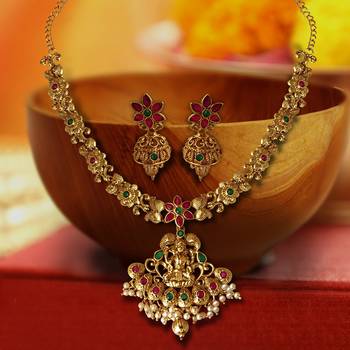 Green Alloy Antique Gold Plated Studded Temple Jewellery Set 1
