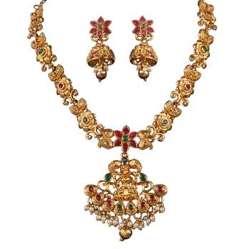 Green Alloy Antique Gold Plated Studded Temple Jewellery Set 2