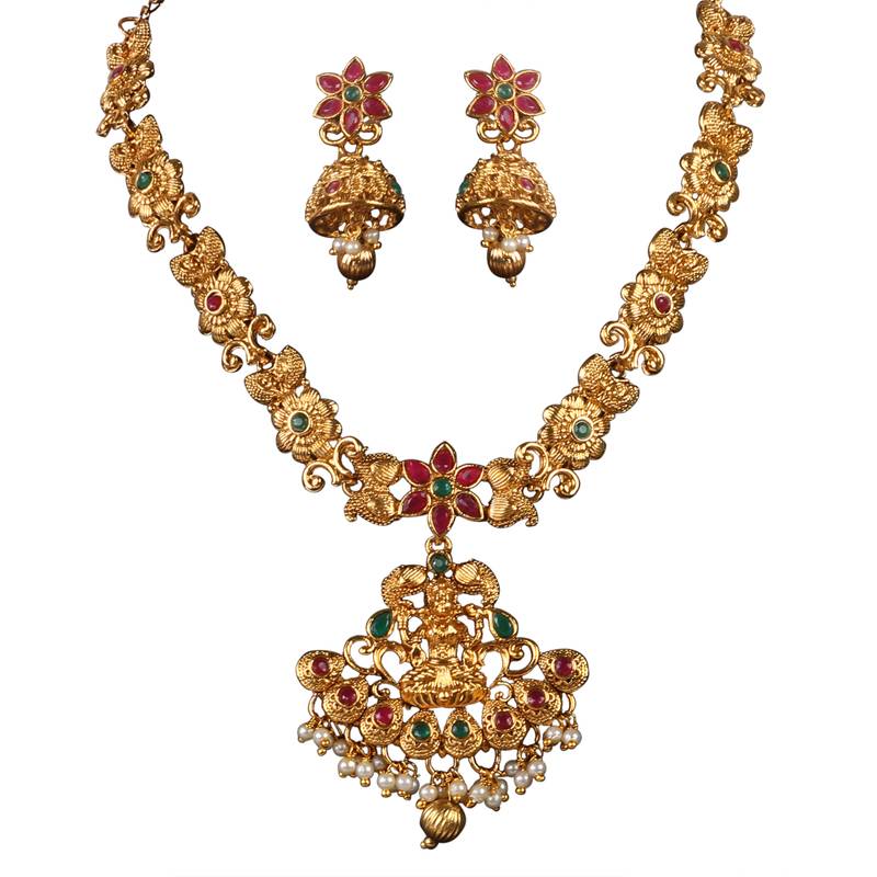 Green Alloy Antique Gold Plated Studded Temple Jewellery Set