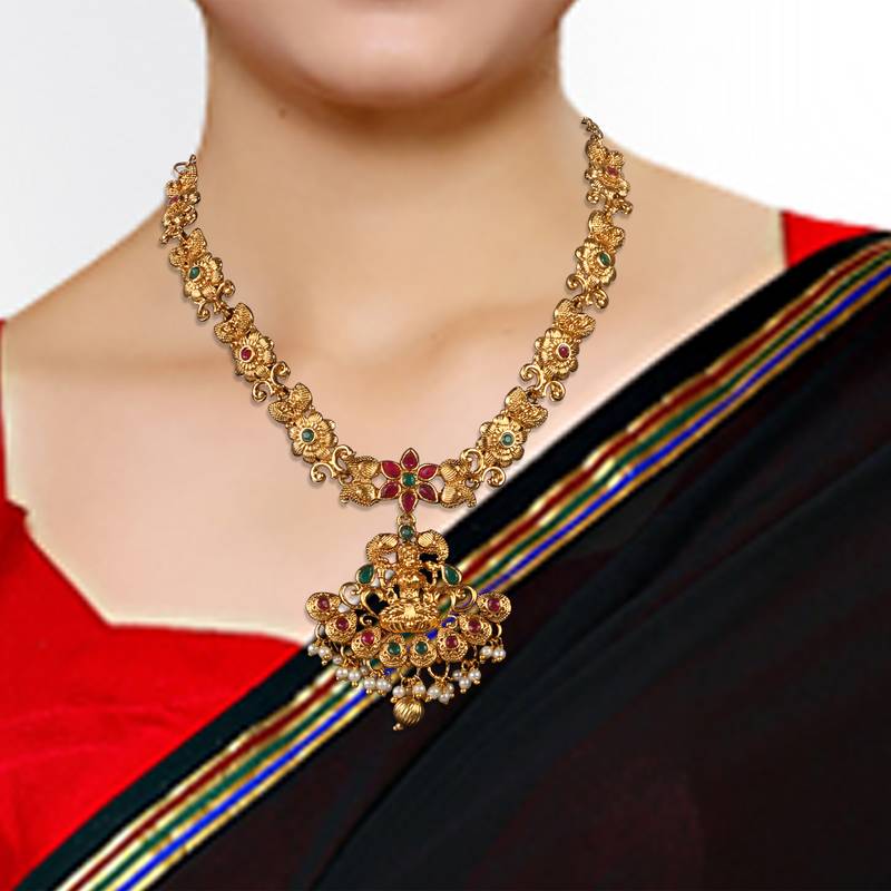 Green Alloy Antique Gold Plated Studded Temple Jewellery Set