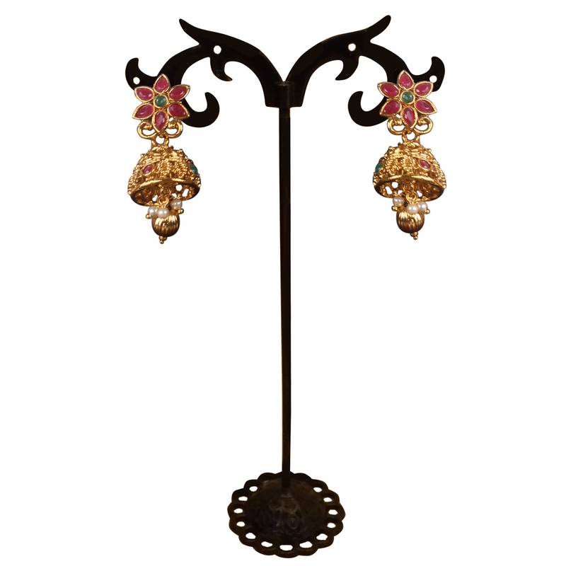 Green Alloy Antique Gold Plated Studded Temple Jewellery Set