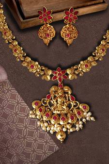 Flower Shape Laxmi Temple Zinc Necklace Ruby Colour Necklace Set