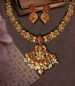 Flower Shape Laxmi Temple Zinc Necklace Ruby Colour Necklace Set