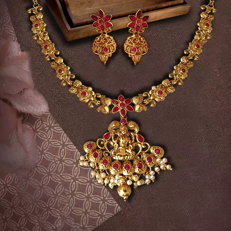 Flower Shape Laxmi Temple Zinc Necklace Ruby Colour Necklace Set
