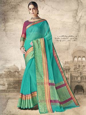 Green woven cotton silk saree with blouse 1