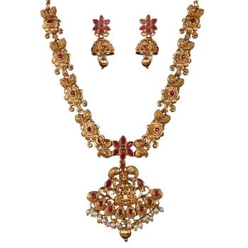 Flower Shape Laxmi Temple Zinc Necklace Ruby Colour Necklace Set 2