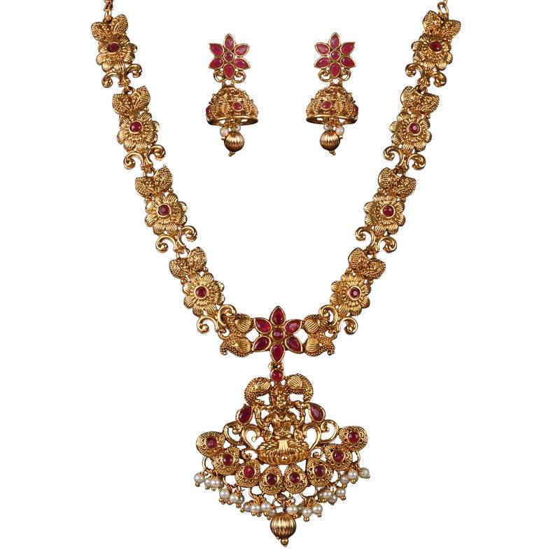 Flower Shape Laxmi Temple Zinc Necklace Ruby Colour Necklace Set