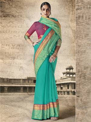 Green woven cotton silk saree with blouse 2