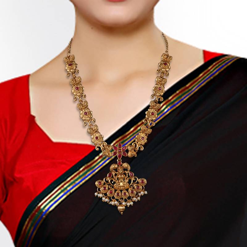 Flower Shape Laxmi Temple Zinc Necklace Ruby Colour Necklace Set