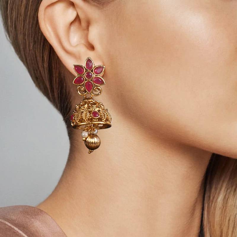 Flower Shape Laxmi Temple Zinc Necklace Ruby Colour Necklace Set