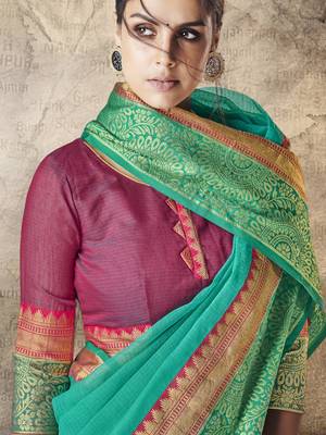 Green woven cotton silk saree with blouse 4