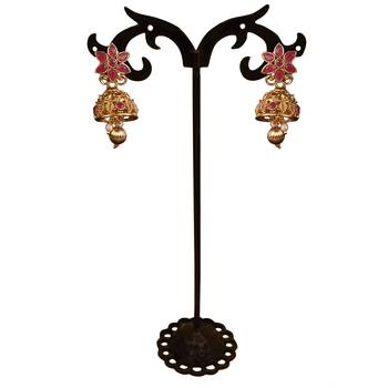 Flower Shape Laxmi Temple Zinc Necklace Ruby Colour Necklace Set 5