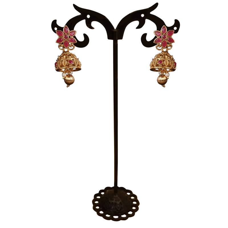 Flower Shape Laxmi Temple Zinc Necklace Ruby Colour Necklace Set