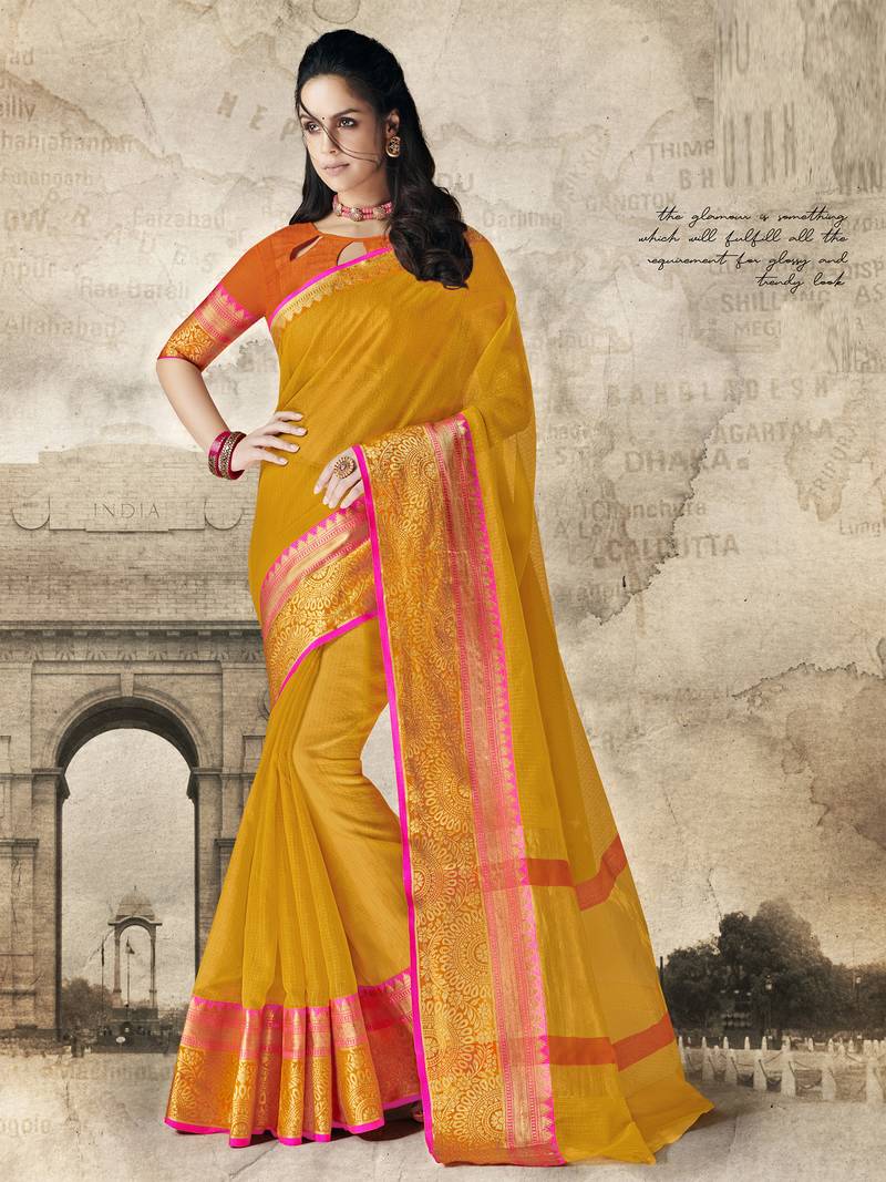Yellow woven cotton silk saree with blouse