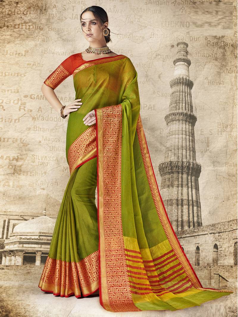 Green woven cotton silk saree with blouse