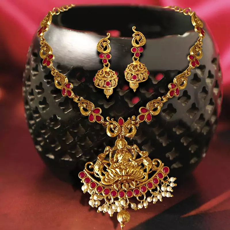 Peacock Base LAXMI JI ZINC Temple Necklace