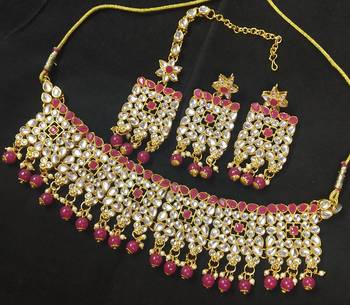 Ruby Pink Kundan Pearl Choker Jewelry Set 1