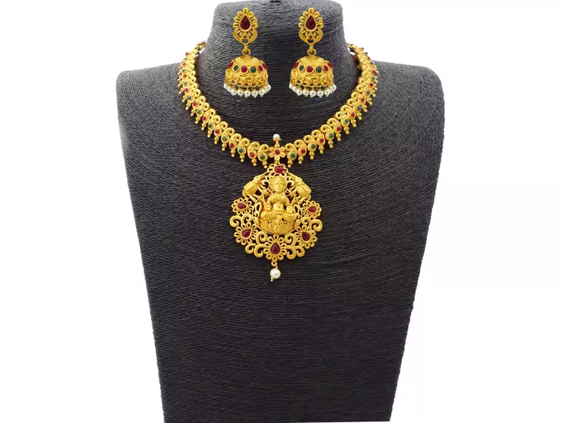 Kemp Designer Laxmi ji Elephant Ruby Green Round Necklace Set