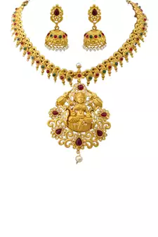 Kemp Designer Laxmi ji Elephant Ruby Green Round Necklace Set