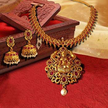 Kemp Designer Laxmi ji Elephant Ruby Round Necklace Set 1