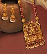 Kemp Designer Temple Laxmi Ji Doli Style Ruby Green High Gold Plated Long Necklace Jewellery Set