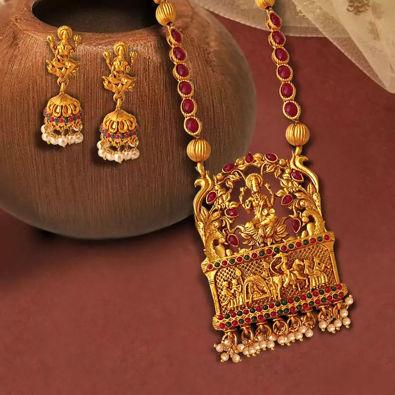 Kemp Designer Temple Laxmi Ji Doli Style Ruby Green High Gold Plated Long Necklace Jewellery Set