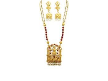 Kemp Designer Temple Laxmi Ji Doli Style Ruby Green High Gold Plated Long Necklace Jewellery Set 2