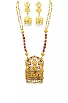 Kemp Designer Temple Laxmi Ji Doli Style Ruby Green High Gold Plated Long Necklace Jewellery Set