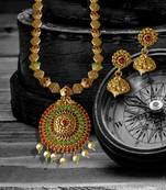 Kemp Designer Temple High Gold Plated Round Shaped Mala Beads Ruby Green Long Necklace Set Jewellery