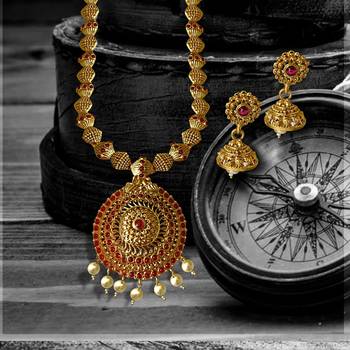 Kemp Designer Temple High Gold Plated Round Shaped Mala Beads Ruby Long Necklace Set Jewellery 1