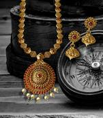 Kemp Designer Temple High Gold Plated Round Shaped Mala Beads Ruby Long Necklace Set Jewellery