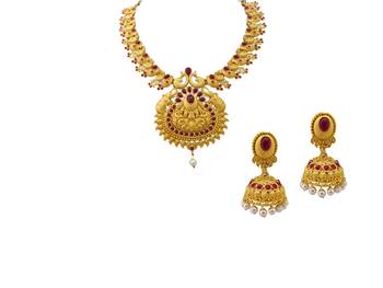 Kemp Designer Temple Golden Matte Polished Elephant Peacock Round Shaped Ruby Short Necklace Set Jewellery 2